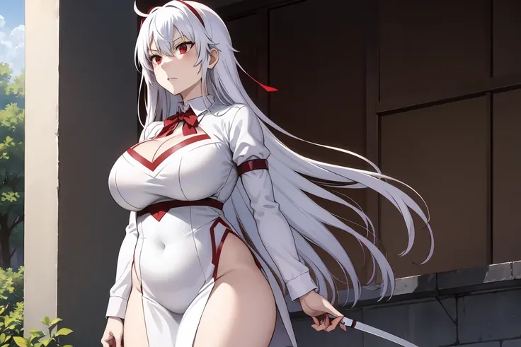 red eyes, accelerator (toaru majutsu no index), white hair, shirt, girl:1.3, massive breasts, wide hips, outdoors, lake