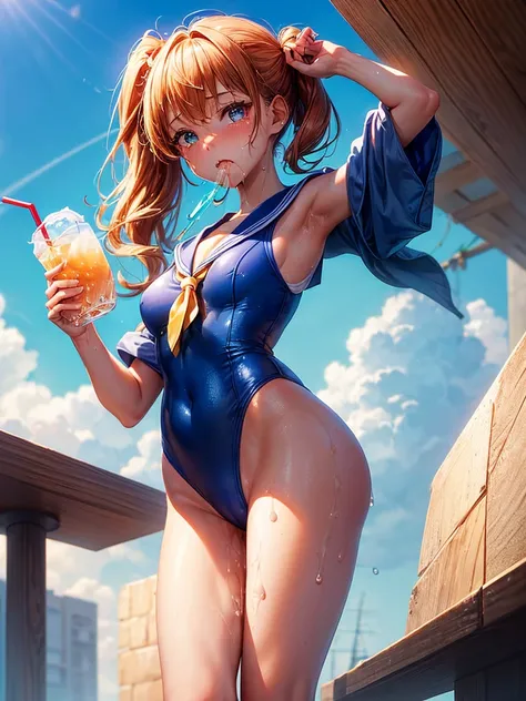 Highest quality,Highest Resolution,Sailor leotard(((２People and above)))A beautiful girl with a crying face,High leg,(((Ｔback))),Very beautiful eyes,Competition Pool,(((Holding a drink in your hand))),(((Open your mouth))),(((Dripping saliva))),sunny,blue ...