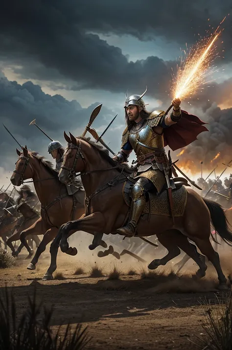 "Produce an artistic representation of the Battle of Ten Kings, illustrating a dramatic ancient conflict featuring numerous armies and mythical heroes. Your artwork should vividly portray the battles intensity, including diverse armies, strategic formation...