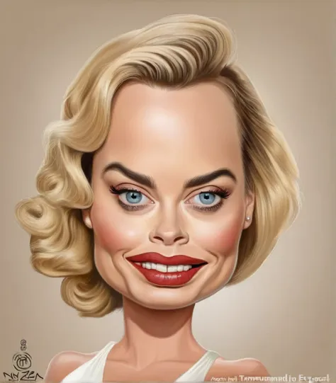 margot robbie caricaturized very detailed, clean, high quality, sharp image, mark ryden