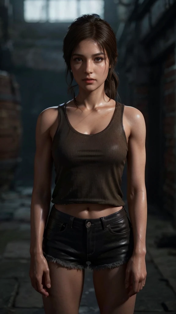 Lara Croft, brown eyes, (best quality, ultra-detailed), (realistic:1.37), beautiful and detailed face, ultra-realistic texture, delicate face, delicate body, red lipstick, bright colors. high definition, 8K, 