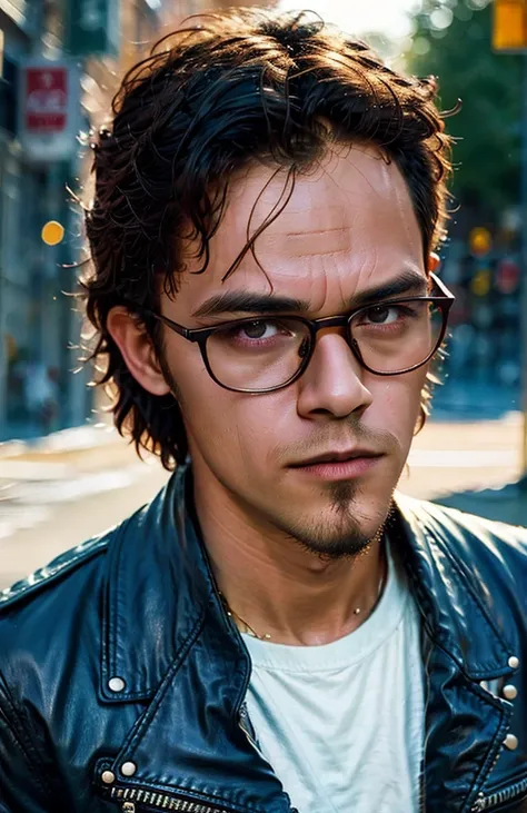 (masterpiece, best quality:1.2), 1man, close up of a man wearing glasses and a leather jacket, calm look, intense sunlight, perf...