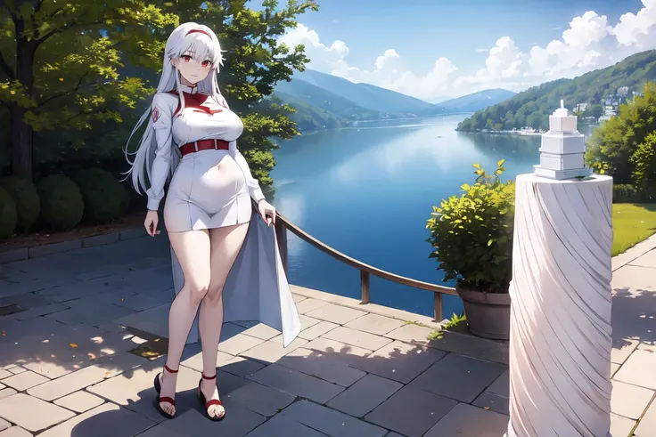 red eyes, accelerator (toaru majutsu no index), white hair, shirt, girl:1.3, massive breasts, wide hips, outdoors, lake