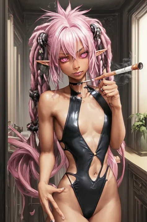 (solo:2, black skin 1000 yo cool elf, Dreadlocks:1.4 pink hair long hair, sexy silver eyes, smoking Cigarette in mouth, glossy lips, serious face, blushing), (in a detailed sexy Cross string swimsuit), break, in the castle Dressing room, BREAK, perfect ana...