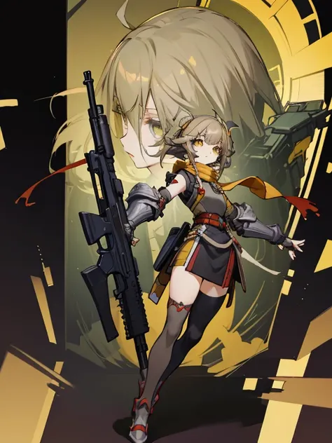 Full body concept art of a young girl with messy medium-length black and yellow hair, Grey Eyes, Red scarf, Black sci-fi armor with yellow patterns, Yellow skirt with black check pattern, White assault rifle and thigh-high stockings; Video game style backg...