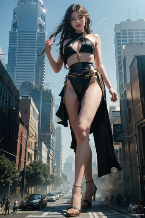 Ground View，giantesscity,giant girl 500 feet high，tiny skyscrapers,Have a pair of ultra long legs,stepping in the crowd，many people in street,a pair of huge breasts，Princess， bikini ,black silk socks，Has black waist-length hair，Wearing a pair of Mary Jane ...