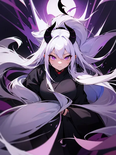 Yin Yang Black Ninja Long Silver Hair Demon Horns Purple Eyes