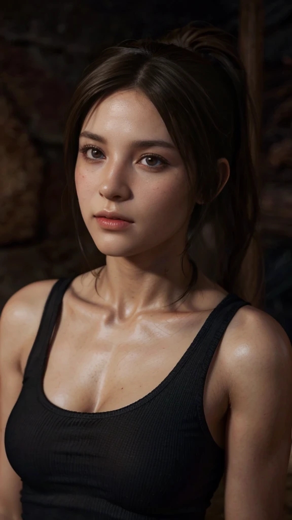 Lara Croft, brown eyes, (best quality, ultra-detailed), (realistic:1.37), beautiful and detailed face, ultra-realistic texture, delicate face, delicate body, red lipstick, bright colors. high definition, 8K, 