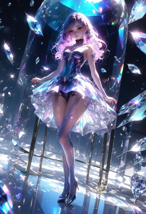 crystal covered, （Full body ：1.3）, alternate color, masterpiece, detailed illustration, realistic, pixiv top quality, exquisite, {{{kawaii 1girl}}}, ultra beauties who fuse with machines, glitter beautiful female, Half of my body is made of machines, trans...