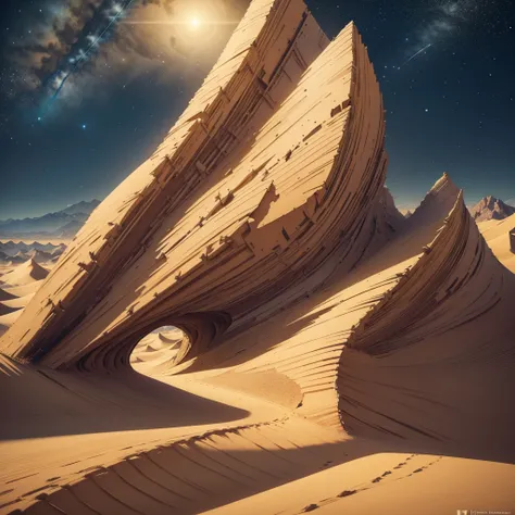 A vast landscape of a huge desert, in the foreground we have large and beautiful sand dunes, the sand is too fine, The colors of this sand are warm and earthy colors, It gives the impression that they move in a zig zag pattern in the wind., In the backgrou...