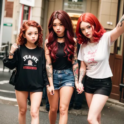 Couple of tattooed girls, one with bright red hair and the other with curly brown hair. selfie 