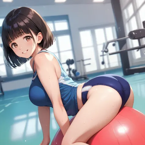 score_9,score_8_up,score_7_up,masterpiece,best quality, source anime, realistic, super detailed, extreme detailed, rating_safe,
1girl, sitting on exercise ball, 
BREAK girl, 22yo, short hair, bob cut, (blunt bangs), black hair, (tareme, detailed cute brown...