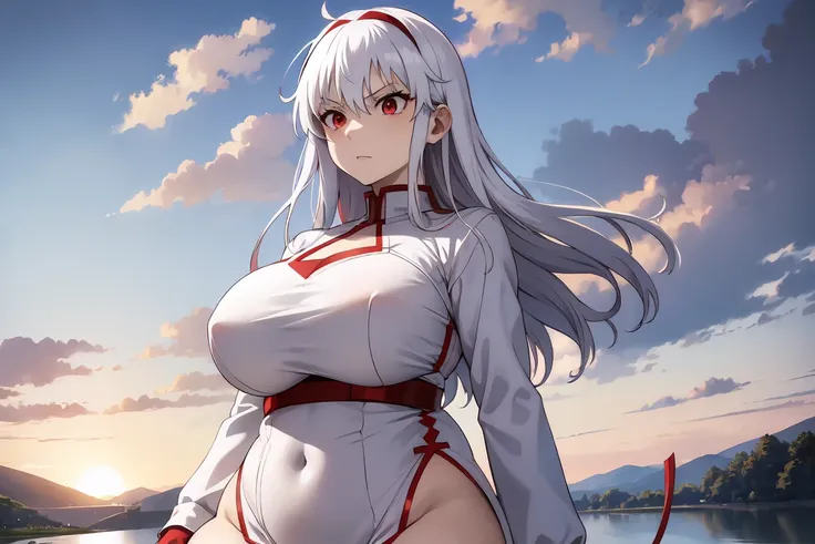 red eyes, accelerator (toaru majutsu no index), white hair, shirt, girl:1.3, massive breasts, wide hips, outdoors, lake, upper body, torn clothes