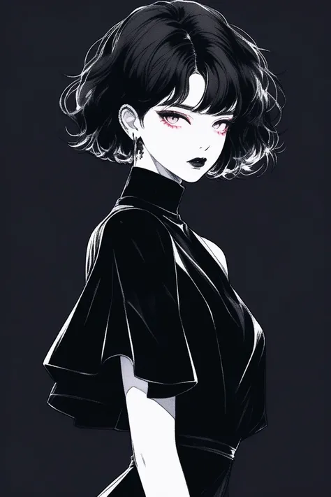 (Highest quality, sketch:1.2),Realistic,Illustrator,anime,1 Girl, Detailed lips, Black Dress,custom, (Background dark monochrome),Neon Hair,Texture Cropping, masterpiece, Style: Retro Classic, Dark Black, art, sketch book, (Shorthair Black:1.75 Neon:1.32),...