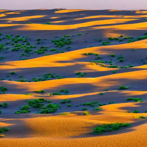 a vast landscape of a huge desert, in the foreground we have large and beautiful sand dunes, the sand is too fine, the colors of...