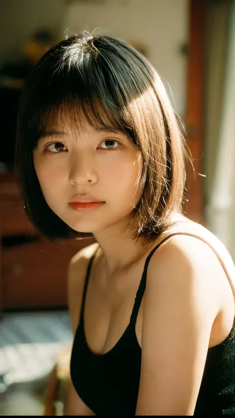 round face、baby face、cigarette smoke、wide bob cut, cinematic composition、unexpected angles、born々new skin texture、arm hair、realis...