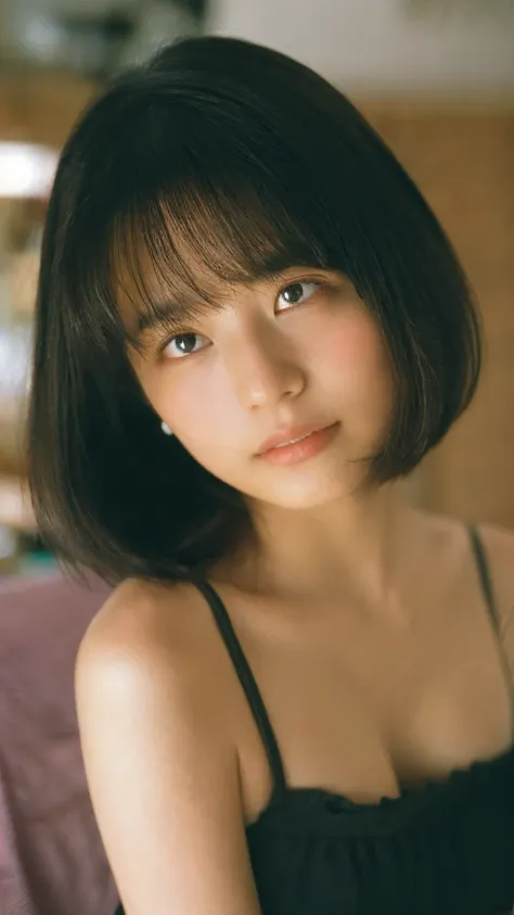 round face、baby face、cigarette smoke、wide bob cut, cinematic composition、unexpected angles、born々new skin texture、arm hair、realis...