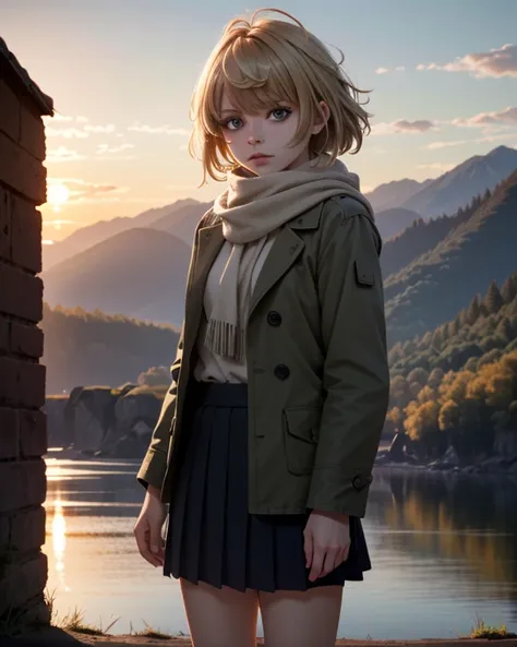 ((ultra detailed, masterpiece, absurdres))
 1girl, udsam, solo, realistic, jacket, short hair, blonde hair, skirt, scarf, cinema...