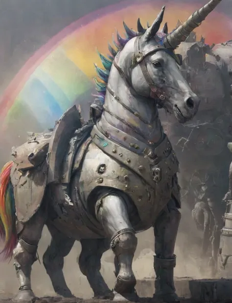 amreddll, concept art, illustration of a colorful punk unicorn in armor standing on an armored rainbow, deep shadows, movie, com...