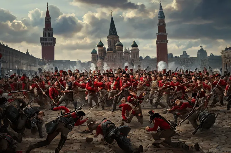 battle, siege, redcoats, in the moscow red square, [the characters (full body) are surrounded by mist, evoking a mysterious and ...