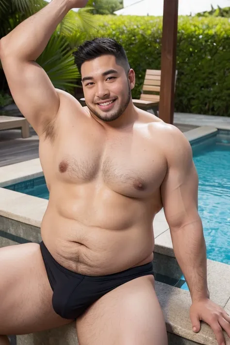 ((highest quality)), ((masterpiece)), (detailed), ((Perfect Face)), 4k, Shaved head, Young Japanese, Muscular, Fat body, Very big man, smile, White very tight swimsuit, Well-groomed fat face, Naked, Have power, Sitting with legs spread very wide, Highlight...