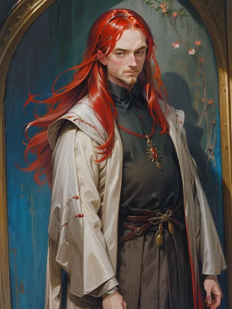 naughty man, red-haired, long  hair, medieval european style formalwear, aged 50