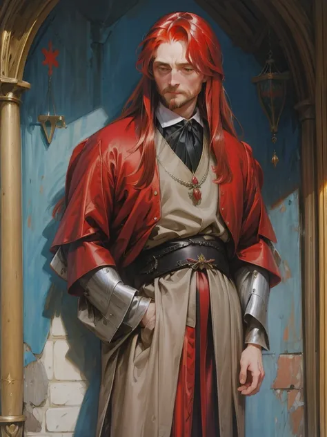 naughty man, red-haired, long  hair, medieval european style formalwear, aged 50