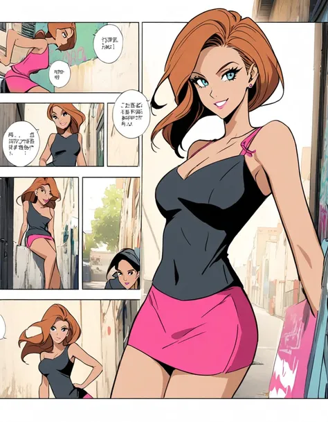 comic storyboard, kim possible, exuding elegance and confidence in a micro mini skirt. her flawless complexion and radiant smile...