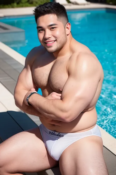 ((highest quality)), ((masterpiece)), (detailed), ((Perfect Face)), 4k, Shaved head, Young Japanese, Muscular, Fat body, Very big man, smile, White very tight swimsuit, Well-groomed fat face, Naked, Have power, Sitting with legs spread very wide, Highlight...