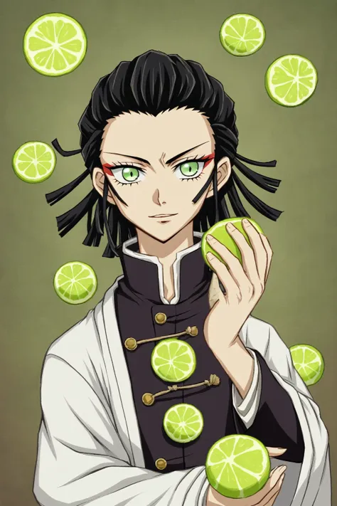 daki (demon slayer), black hair, lime green eye,