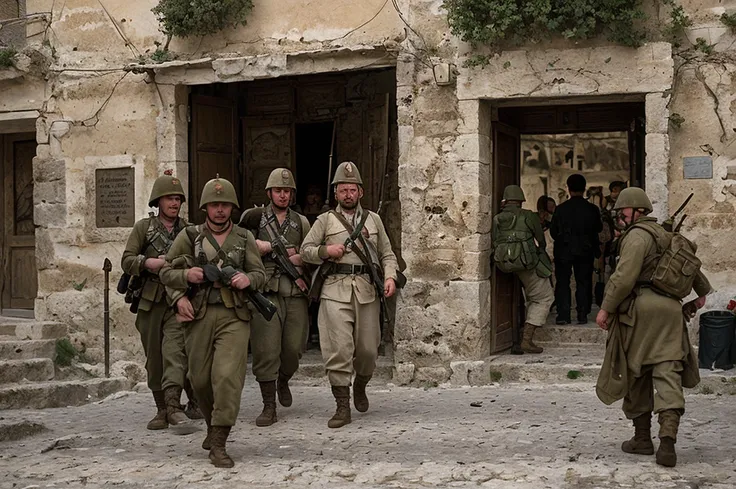 epic battle in sassi_di_matera, soldiers in the streets of matera. high details.