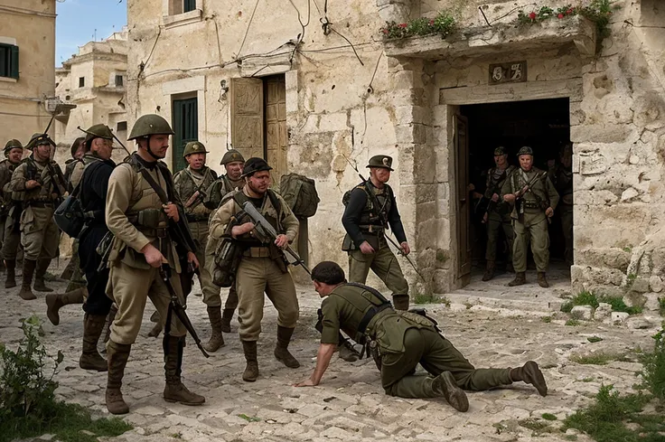 epic battle in sassi_di_matera, soldiers in the streets of matera. high details.