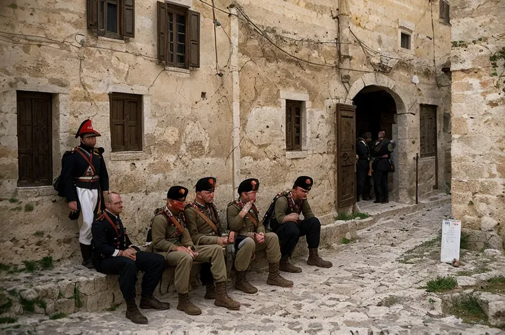 epic battle in sassi_di_matera, soldiers in the streets of matera. high details.