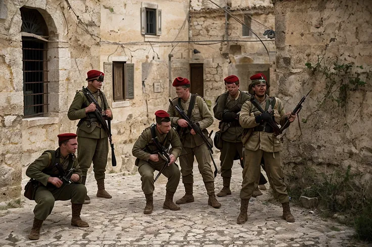 epic battle in sassi_di_matera, soldiers in the streets of matera. high details.