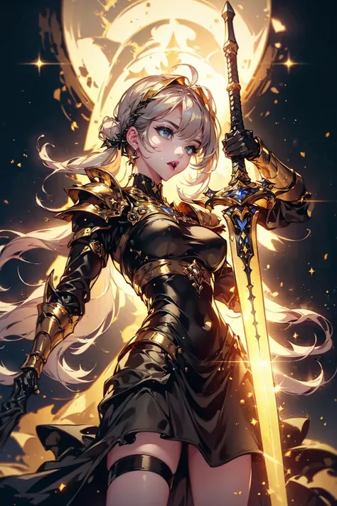 1girl,solo,cool,brilliant eye,golden dress,gold,white and black,gorgeous,glint,shine,shining sword,holding sword,warrior,knight,