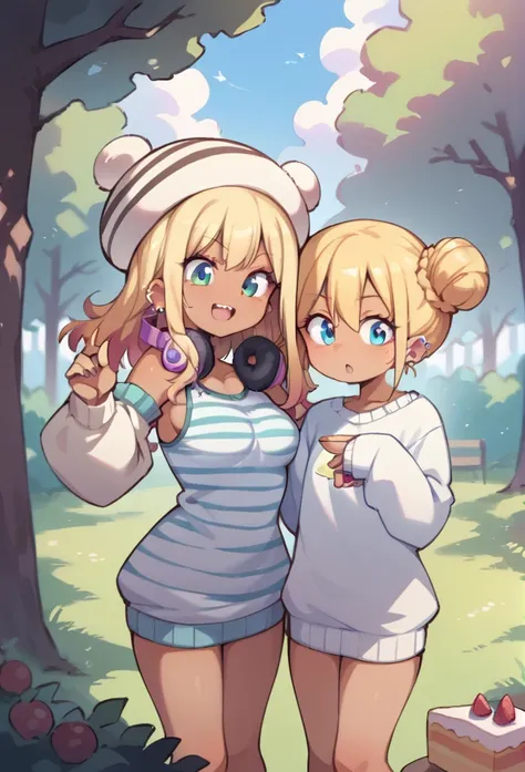 curvy women, orenji, cake, gyaru, fur hat, tree, detached sleeves, white sweater, hair bun, medium hair, striped shirt, headphones, multiple girls, leopard print, hair behind ear