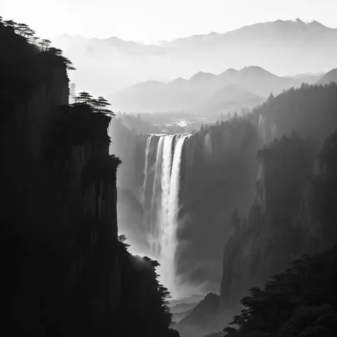 Arav landscape with waterfall and some trees in the mountains, Black and white matte, Fanhao Photography, author：Ren Xiong, by Cheng Jiasui, by Fei Danxu, Nguyen Gia, Ross Chen. Landscape background, by Xu Wei, by Xia Yong, by Zheng Xie, author Shen Zhou