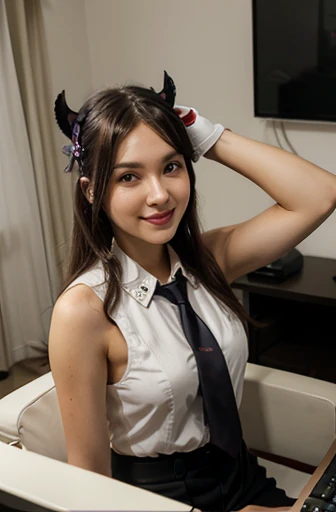 masterpiece, best quality, twitch-chan, hairclip, hair ornament, collared shirt, sleeveless, necktie, gloves, sitting behind a desk, looking at viewer, smile, waving, bedroom, bed, computer mouse, keyboard 