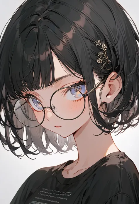 boyish beautiful girl，black very short hair,black hair bangs, wearing an oversized black t-shirt，wearing round glasses，the backg...