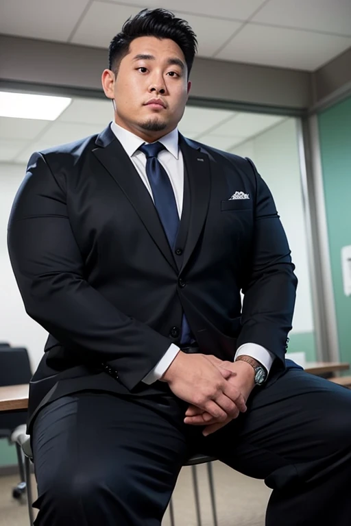 big, Fat Japanese man in a suit、whole body、office、Thick legs、Thick arm muscles、Intimidating、short hair、Kind Face、Long sleeve black jacket、Black trousers、Tight arm circumference、Long trousers、Tight suspension、Blue tie、tight white shirt、Groin bulge、Shirt tuc...