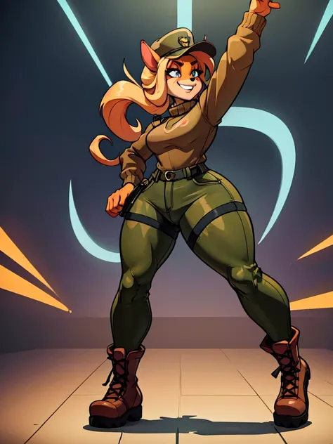 ,sancy anthro bandicoot girl Beautiful  eyes, long eyelashes,, grin, cozy and warm, sweaters, camouflage trousers, army boots, night, dancing  hip-hop, Twerking,  cool sexy moment,dramatic shadows, vibrant colors, gritty military aesthetic,