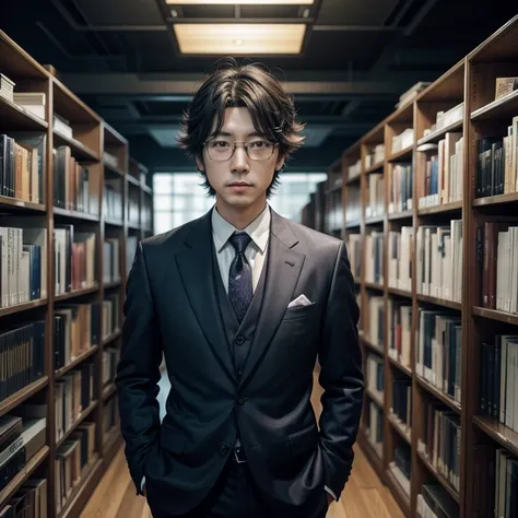 Theres a man in a suit standing in a library, Hideaki Ano anime, Hideaki Ano, Hideki Ano, inspired by Yasushi Sugiyama, Art by Kentaro Miura, kentaro miura manga art style, Art by Kentaro Miura style, cyril rolando and m. w kaluta, cyril rolando and m.w ka...