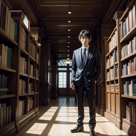 Theres a man in a suit standing in a library, Hideaki Ano anime, Hideaki Ano, Hideki Ano, inspired by Yasushi Sugiyama, Art by Kentaro Miura, kentaro miura manga art style, Art by Kentaro Miura style, cyril rolando and m. w kaluta, cyril rolando and m.w ka...