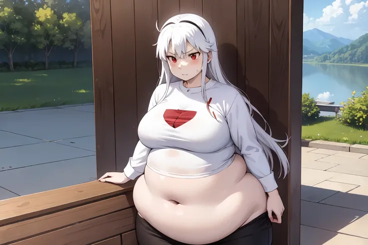 red eyes, accelerator (toaru majutsu no index), white hair, shirt, girl:1.3, massive breasts, wide hips, outdoors, lake, upper body, torn clothes, massive hips