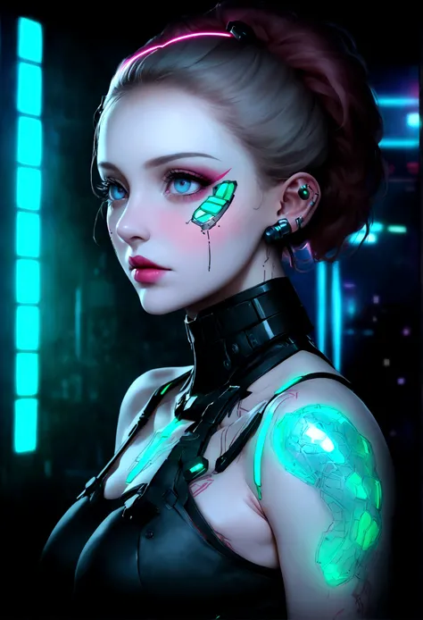 a pale woman with cyberpunk prosthetics with plugs on her body, Matrix inspired, matrix ports and plugs, maintaining the realistic portrayal of its features. "The ilumination" Dynamic neon lighting with natural light sources to highlight cyberpunk tattoos ...