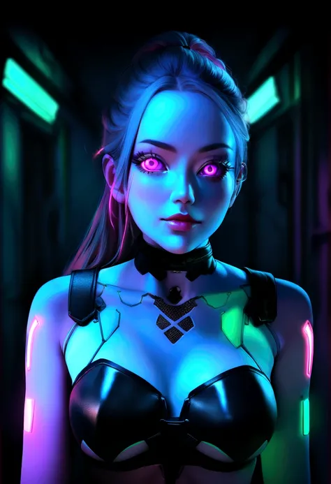 a pale woman with cyberpunk prosthetics with plugs on her body, Matrix inspired, matrix ports and plugs, maintaining the realistic portrayal of its features. "The ilumination" Dynamic neon lighting with natural light sources to highlight cyberpunk tattoos ...