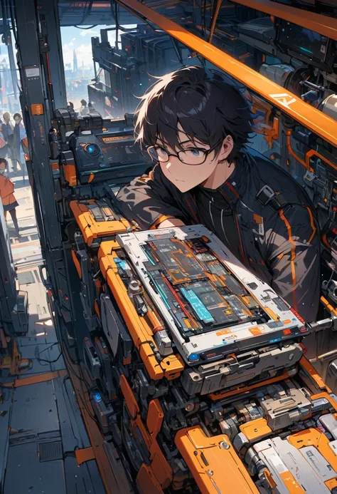 Ridiculous resolution, high resolution, (masterpiece: 1.4), Ultra Detail, Young man with messy short black hair and glasses dressed as network enginer, A very high-tech robotic arm workbench