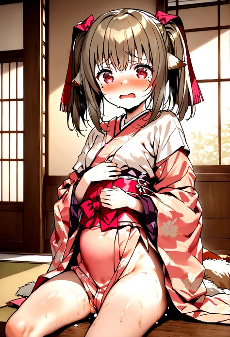 NSFW,masterpiece,Highest quality,High resolution,Super detailed,nekone (utawarerumono),Brown Hair、（Red Eye：1.3）、ribbon,Animal Ears,Twin tails、ヘアribbon、Mole、目の下のMole,Small breasts,kimono,(Prostitute),Sexy Outfits,Embarrassed,blush,Expecting face,Seduce,Luxu...