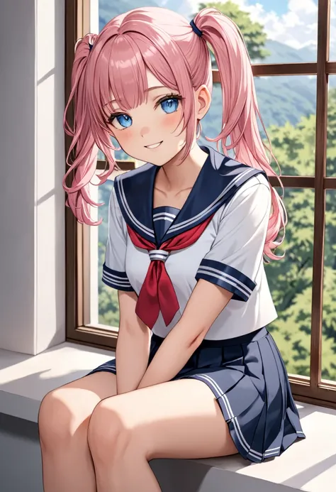 (masterpiece, top quality, very aesthetic, 4k、), intricate detail, 1girl,Sit on the window sill and look outside、(cowboy shot)、light smile、(Super long sideburns)、
Cute 、pink hair、twintails,middle hair,sidelock ,high school girl,blue eyes、serafuku、sailor un...