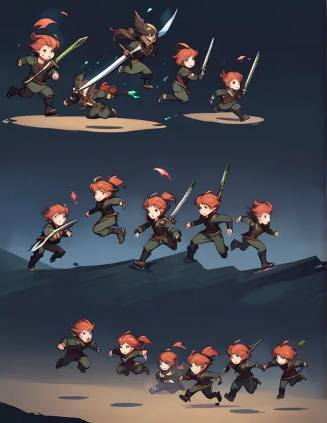 Create a sprite sheet for character animations that includes frames for movement, running, jumping, sword attack,dark hudied hunter